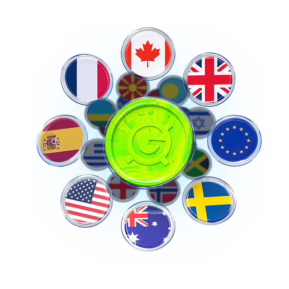 MyGuava Global Business Account: Central Logo Surrounded by Eight Flags, Symbolizing Worldwide Currency Transactions