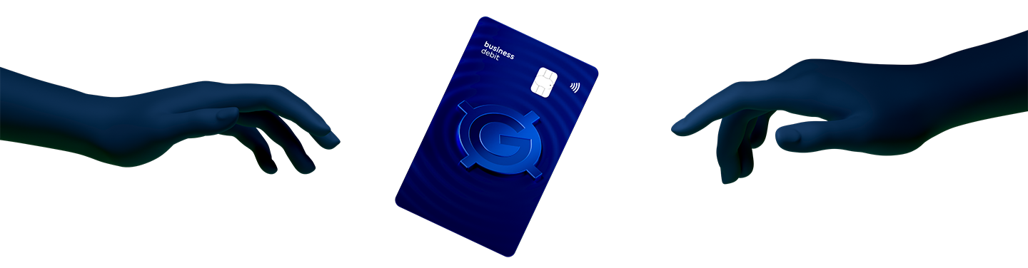 Two hands firmly grasp a blue MyGuava card, displaying the front side with visible card details