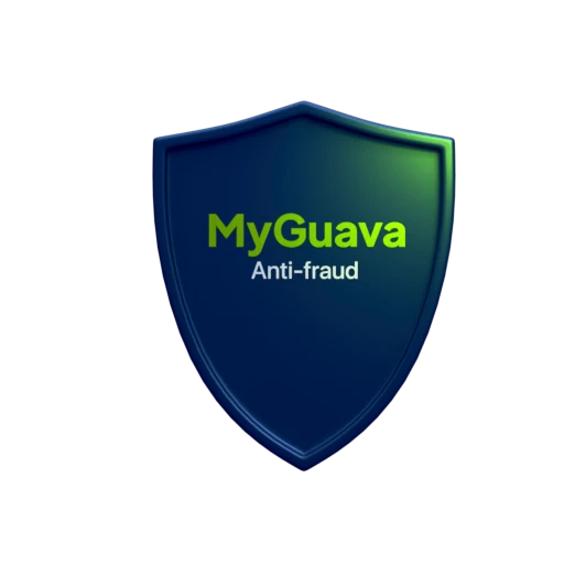 A formal logo for myguava, an anti-fraud platform, showcasing the brand name alongside symbols representing security and trust
