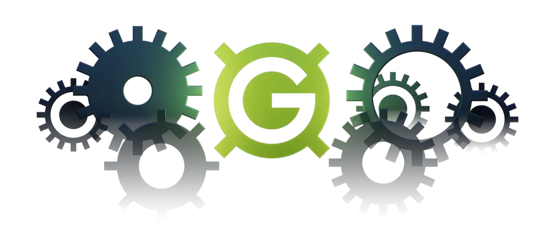 MyGuava Business logo at the heart of dynamic watch-like mechanisms, symbolizing the power to drive your business forward
