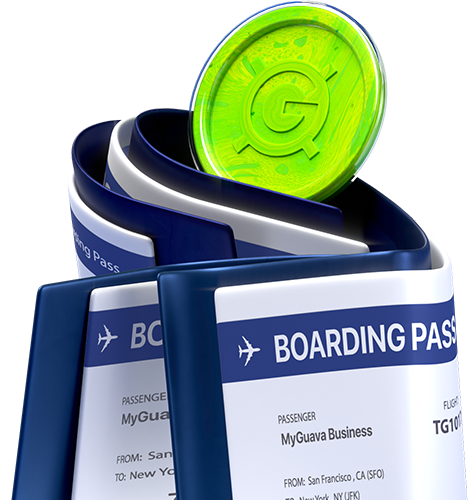 Lime-hued MyGuava logo coin amidst boarding passes, representing effortless global transfers and multi-currency acceptance