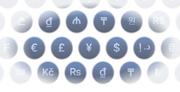 Icons of 20 distinct currencies within circles, showcasing MyGuava's multi-currency account offerings for fee-free, local-style payments