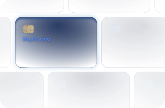 Row of card outlines with a prominently detailed MyGuava card standing out, illustrating the ease of topping up from any bank account