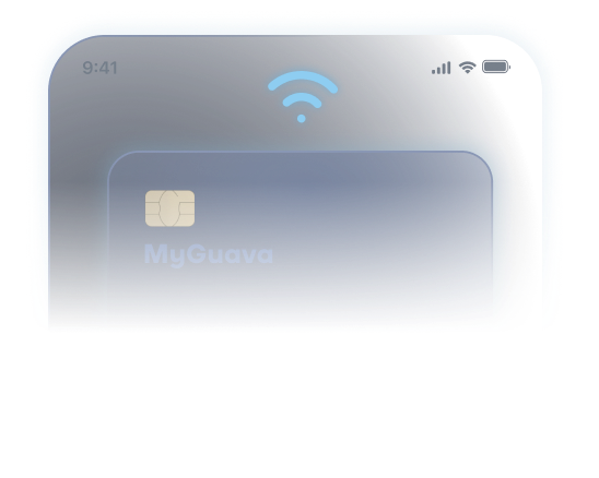Mobile screen depicting MyGuava Corporate Card with NFC waves, indicating seamless integration with digital wallets for tap-and-pay convenience