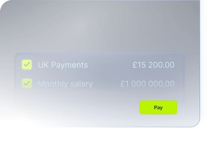 Visualization of batch payment options including 'UK Payments' and 'Salary', emphasizing MyGuava's one-click multi-payout capability